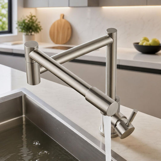 Robinet cuisine rabattable à double bras articulé en inox brossé au-dessus d’un évier