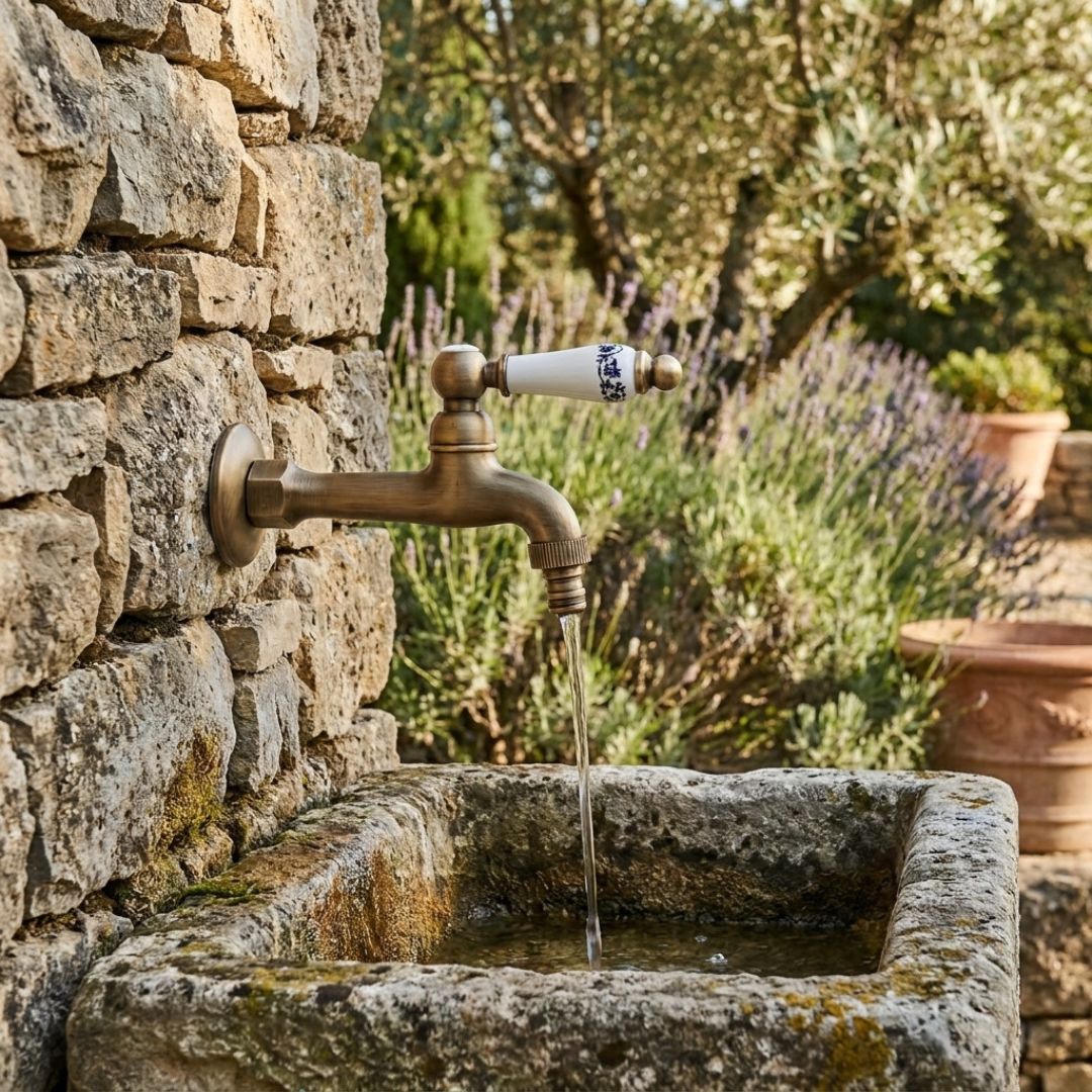 Robinet extérieur en laiton sur un mur en pierre, point d’eau de jardin