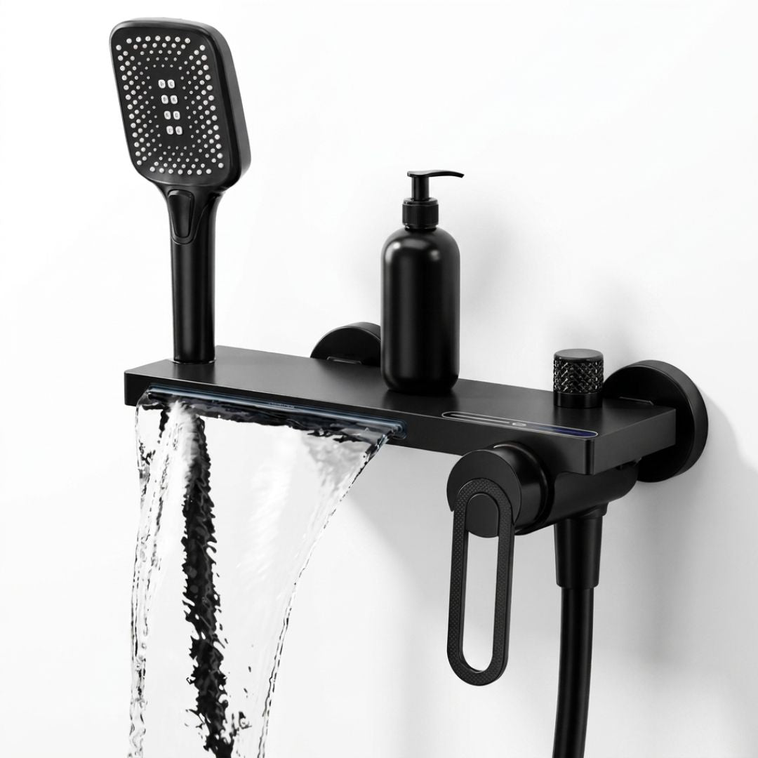 Robinet mural baignoire douche cascade avec douchette à main — Noir