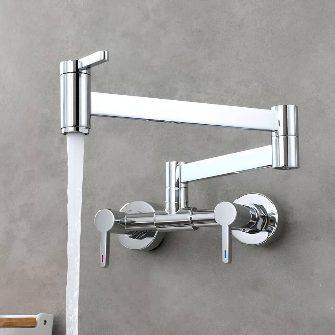 Robinet de cuisine mural rabattable avec double bras articulé — Chrome
