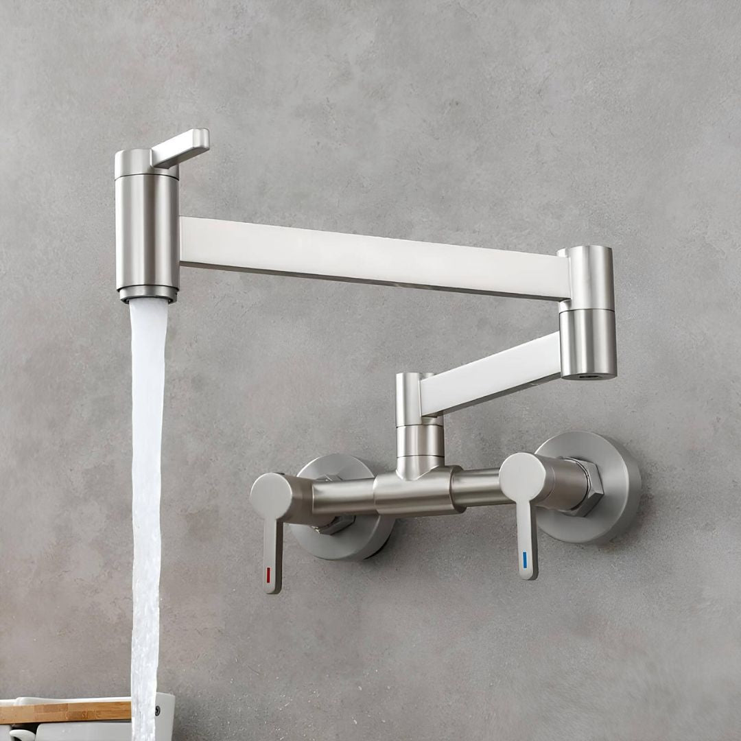 Robinet de cuisine mural rabattable avec double bras articulé
