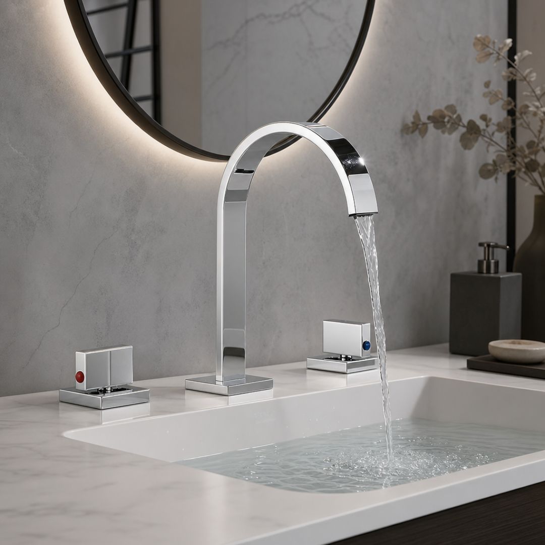 Robinet lavabo 3 trous double poignée en laiton massif