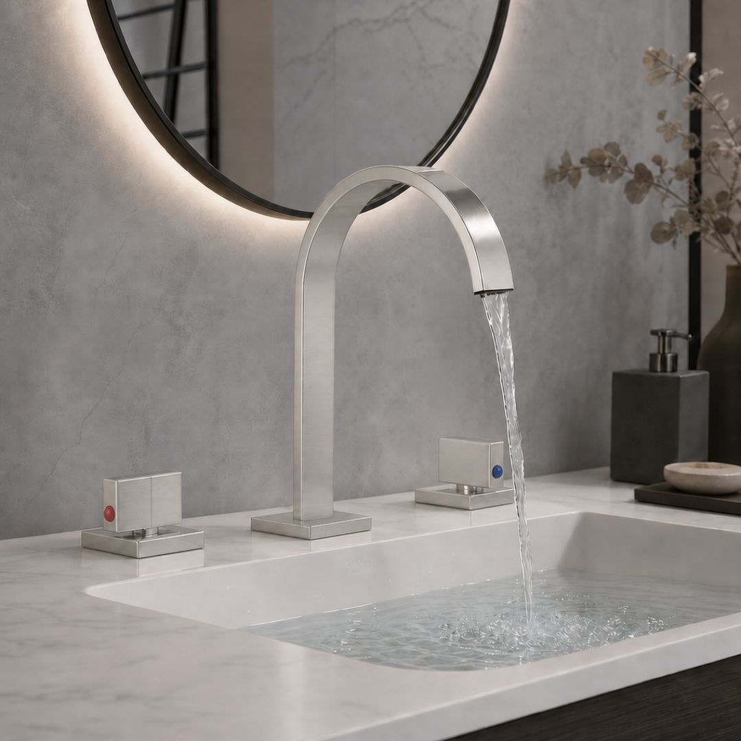 Robinet lavabo 3 trous double poignée en laiton massif — Gris Brossé