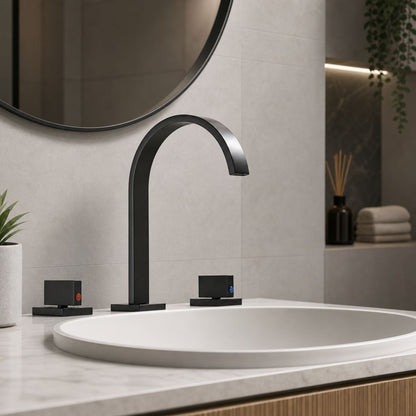 Robinet lavabo 3 trous double poignée en laiton massif — Noir Mat